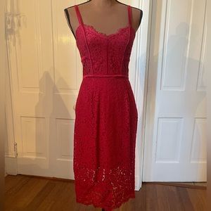 Red lace tea length form fitting pencil skirt dress